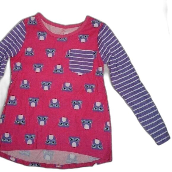 Okie Dokie Longsleeve Girls Top Pink Purple Owls Stripes Crewneck Pocket Size 5T - Picture 4 of 8